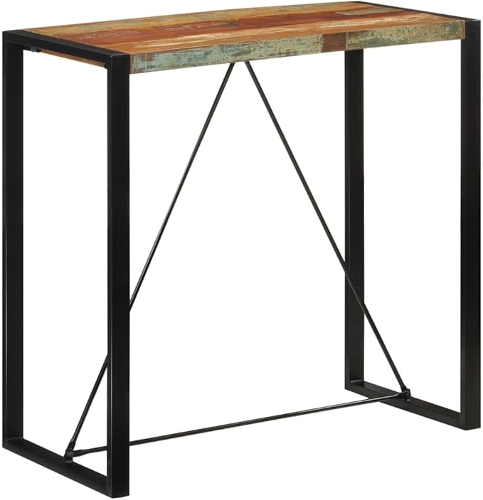 Industrial Bar Table Solid Reclaimed Wood and Iron Frame Counter Height Rectangular Multicolor for Indoor Outdoor Dining Room Home Bar or Patio