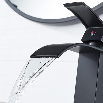VOTON Vessel Sink Faucet Matte Black Modern Tall Waterfall Bathroom Sink Faucet with Pop-Up Drain Single Handle Bathroom Faucet 1 Hole Bowl Lavatory Vanity Faucet, Rv Sink Camper Farmhouse Faucet