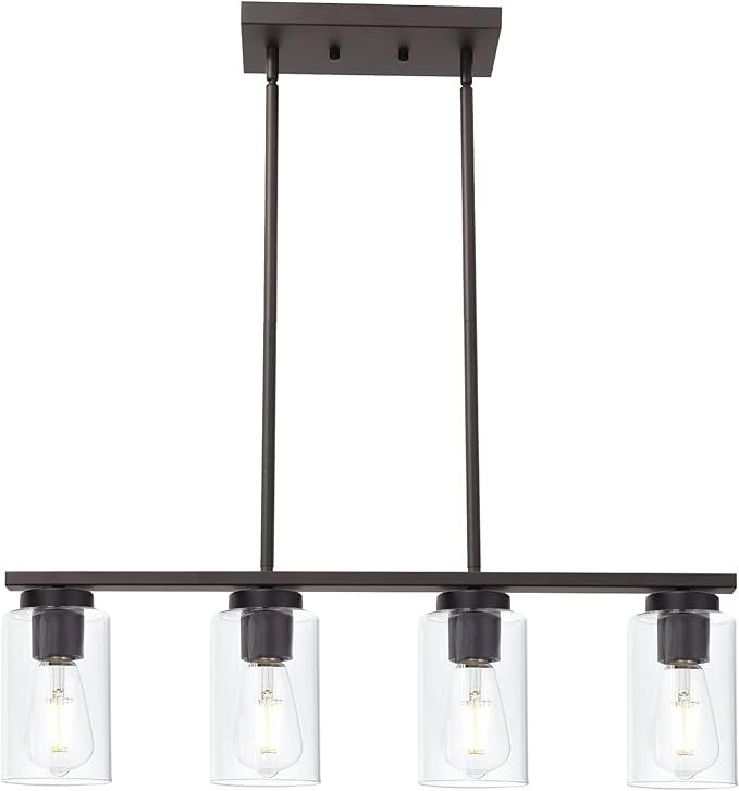 TODOLUZ Farmhouse Dining Room Chandelier 4-Lights Kitchen Island Light, Clear Glass Pendant Lighting Fixtures in Oil Rubbed Bronze