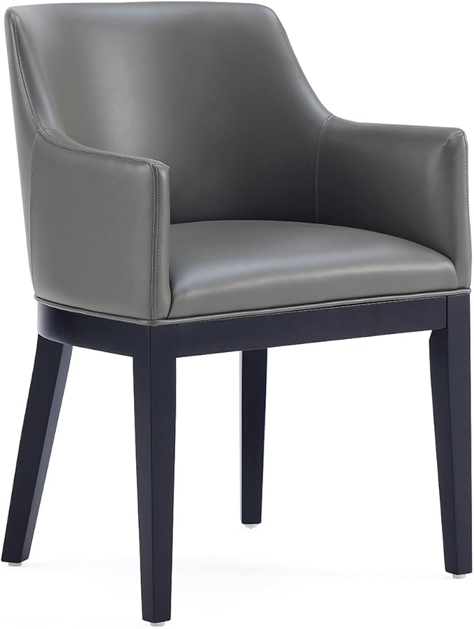 Manhattan Comfort Gansevoort Modern Faux Leather Dining Chair with Arms, Leatherette Upholstery on Solid Beech Wood Frame, Accent Furniture for Kitchen Table or Office, Set of 2, Pebble Grey
