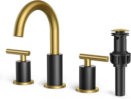 FORIOUS Black and Gold Bathroom Faucet 3 Hole with Pop Up Drain and 24 in Supply Line, 2 Handle Modern Bathroom Vanity Faucet Widespread 8 inch with 360 Degree Swivel Gooseneck, for 6" to 12" Basin