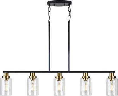 Dining Room Light Fixture,5-Light Farmhouse Linear Chandeliers for Dining Room Over Table，Matte Black and Gold Finish Kitchen Island Pendant Lighting for Kitchen Island，Pool Table Light