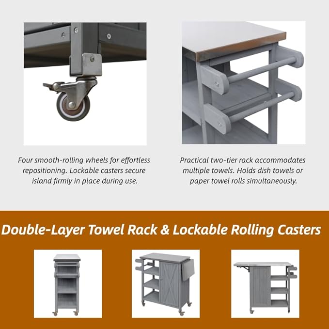 MERITLINE Foldable Outdoor Kitchen Island with Stainless Steel Top, Lockable Rolling Casters & Towel Rack, Mobile BBQ Prep Cart with Open Shelves and Hidden Cabinet for Patio, Balcony, Grey