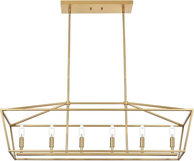 BONLICHT 6 Light Brushed Brass Farmhouse Chandelier for Dining Room, Modern Industrial Foyer Linear Pendant Light Traditional Gold Kitchen Island Lighting Fixture Hanging Ceiling Lights, E12 Base