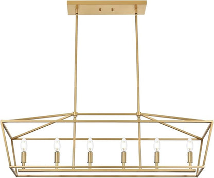 BONLICHT 6 Light Brushed Brass Farmhouse Chandelier for Dining Room, Modern Industrial Foyer Linear Pendant Light Traditional Gold Kitchen Island Lighting Fixture Hanging Ceiling Lights, E12 Base