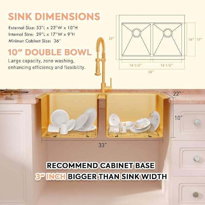 33 Inch Gold Sink Drop-In Topmount Double Bowl, 16 Gauge 50/50 Double Bowl Stainless Steel Workstation Sink, 33" x 22" x 10" Large and Deep Kitchen Sink With Accessories
