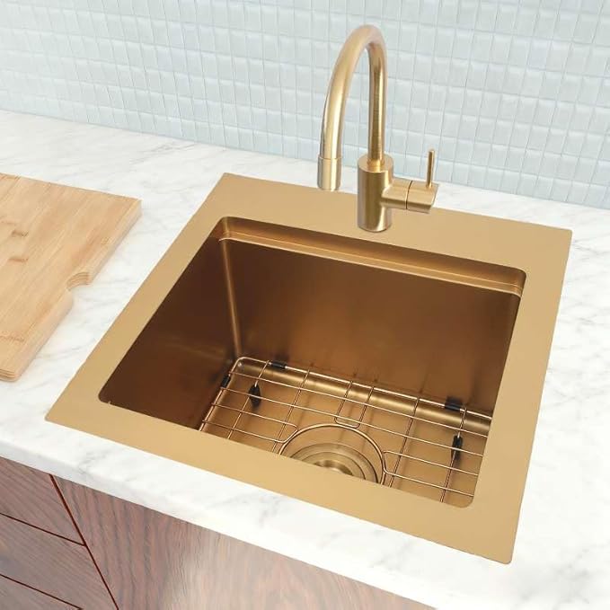 17 Inch Gold Sink Undermount, 16 Gauge 304 Stainless Steel Workstaion Kitchen Sinks with Ledge & Accessories, 17" x 17" x10" Deep Bowl For Outdoor, RV,Prep Sink, and Wet Bar