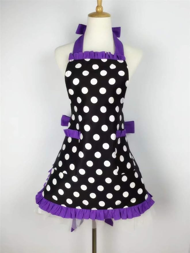 Hyzrz Cute Apron Retro Black Polka Dot Retro Ruffle Side Vintage Cooking Aprons with Pockets for Women Girls (Side Purple)