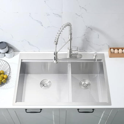 33 Inch Double Bowl Drop In Kitchen Sink Workstation-Bokaiya 33x22 Double Bowl Kitchen Sink Drop In Stainless Steel 16 Gauge Deep 60/40 Low Divide Sinks with Cutting Board