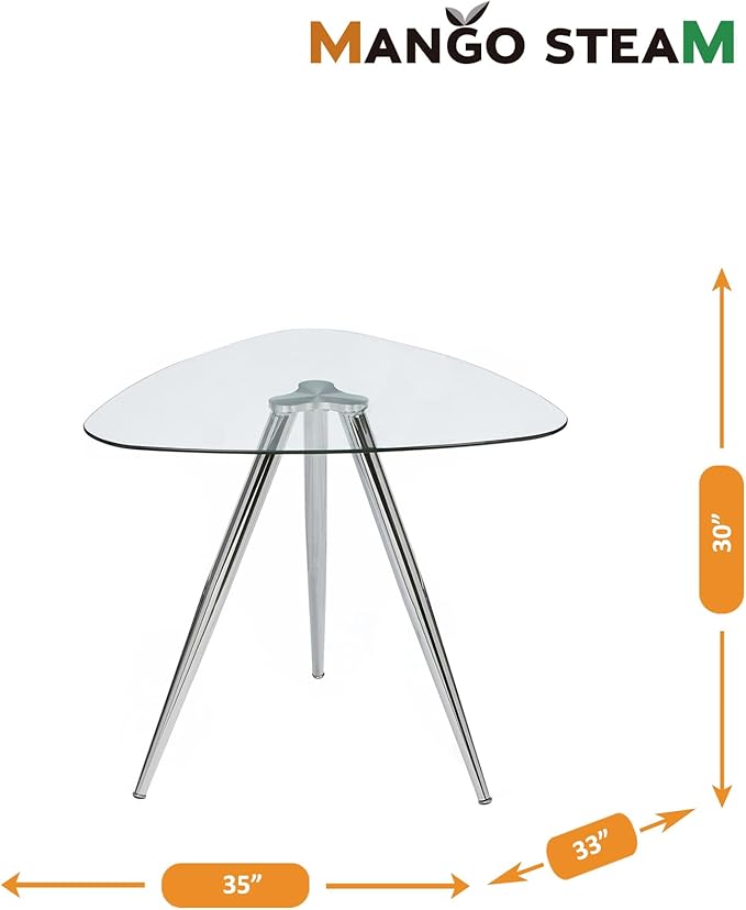 Mango Steam Lisbon 3-Sided Bistro Table, Tempered Glass Triangle Top - Modern Pub Table for Dining Room and Kitchen (Chrome)