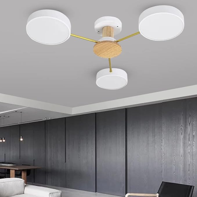 LED Ceiling Light Fixture,26 Inch 3-Lights Modern Ceiling Lights Flush Mount Wooden 24W Dimmable Chandelier for Living Room Bedroom Kitchen,3000K/4000K/6000K Temperatures Selectable White
