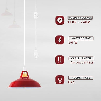 Plug in Pendant Light, 13.1FT Hanging Light with Plug in Cord and On/Off Switch, Industrial Red Barn Metal Shade Pendant Light for Kitchen Island, Dining Room, Bar, Cafe, Living Room, Red