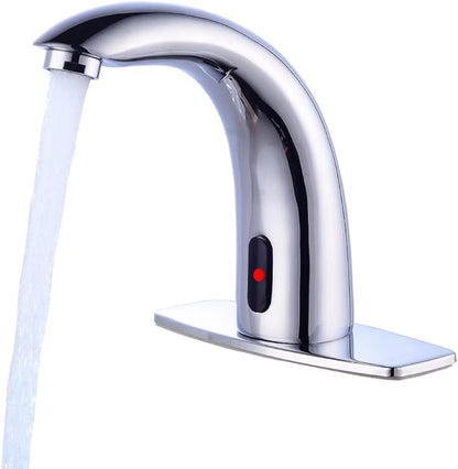 Automatic Touchless Bathroom Sink Faucet Motion Activated Sensor Faucets Hands Free Commercial Tap with Hole Cover Deck Plate Battery Operated Control Box Adjustable Temperature Mixer（Chrome）
