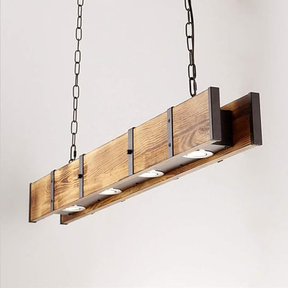 Wood Linear Pendant Lamp, 4 Lights Rustic Linear Chandelier Table Pendant Lamp, Wood Beam Farmhouse Island Hanging Light Fixture for Dining Room Bar Kitchen
