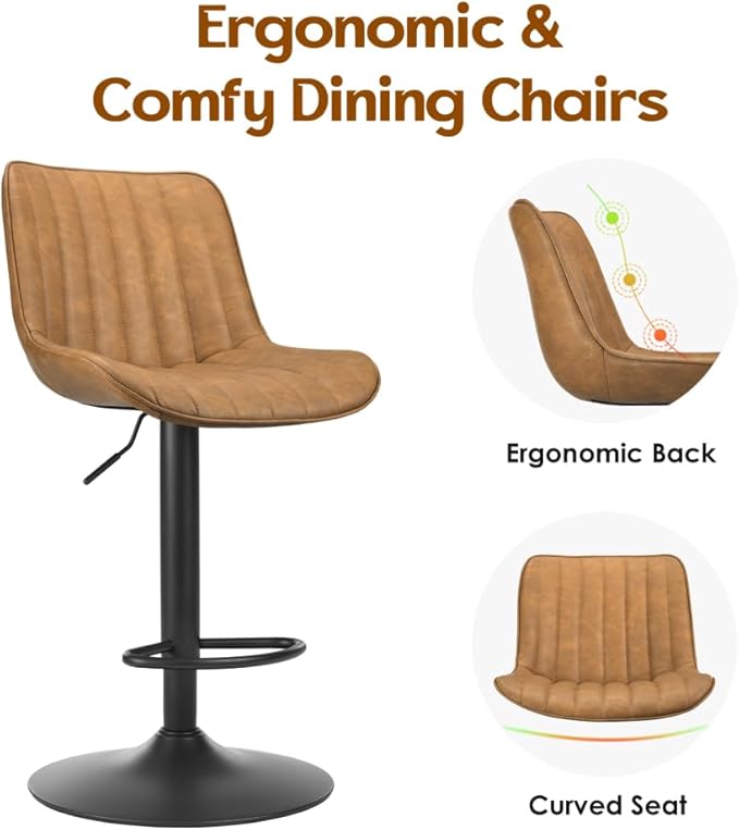 Bar Stools Set of 2, Swivel Adjustable Barstools, with Back Support, PU Leather Counter Height Bar Chairs for Kitchen Island Rustic Barstool, Brown (Brown + PU Leather + Foam-1)