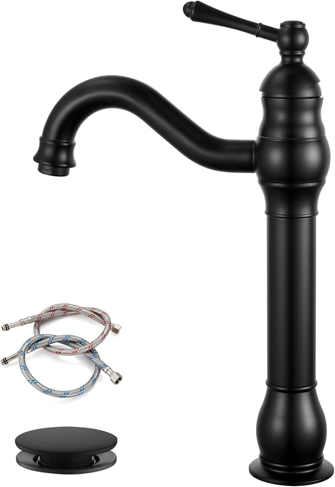 gotonovo Vessel Sink Faucet 360° Swivel Spout Single Handle Tall Bathroom Faucet 1 Hole Farmhouse Lavatory Washbasin Mixer Tap Matching Supply Hoses, with Pop Up Drain, Matte Black