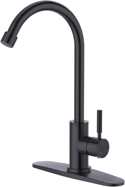 CREA Matte Black Faucet for Kitchen Bar Outdoor Sink 1 Hole 3Holes(with Deck Plate)，High Arc 360°Swivle Single Handle Tap Brushed 304 Stainless Steel