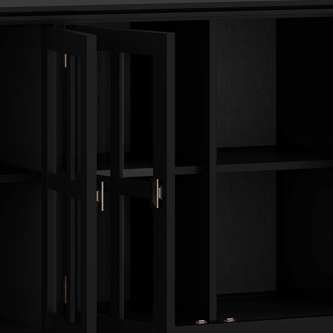 SIMPLIHOME Artisan SOLID WOOD 66 Inch Wide Contemporary Wide 4 Door Storage Cabinet in Black, For the Living Room, Entryway and Family Room