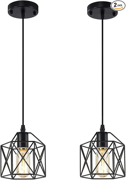 Black Pendant Light, 2 Pack Vintage Cage Hanging Lamp Farmhouse Industrial Metal Pendant Lighting Fixtures for Kitchen Island Bedroom Hallway