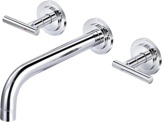 Wall Mount Bathroom Faucet - WOWOW Chrome Bathroom Sink Faucet - 2 Handle Wall Mount Vessel Sink Faucet 3 Holes Elegant Classic Spout Rough in Brass Valve Included