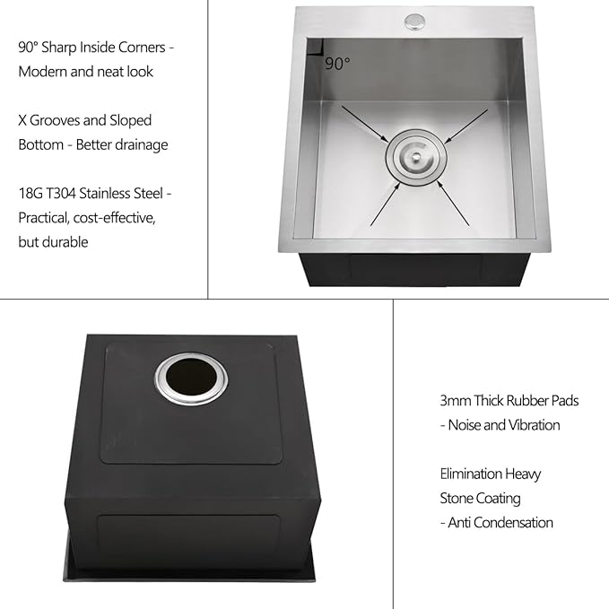18 Inch Drop In Stainless Steel Kitchen Bar Sink, Luckyhorse 18” x 18” x 10” 18 Gauge Stainless Steel Small Kitchen Outdoor Sink LH020LX