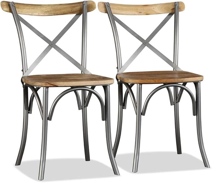 Set of 4 Modern Farmhouse Dining Chairs in Brown Mango Wood & Silver Steel 20.5 x 20.1 x 33.1 in Cross Back Comfortable Kitchen Restaurant Accent Seating for Dining Room Living Room