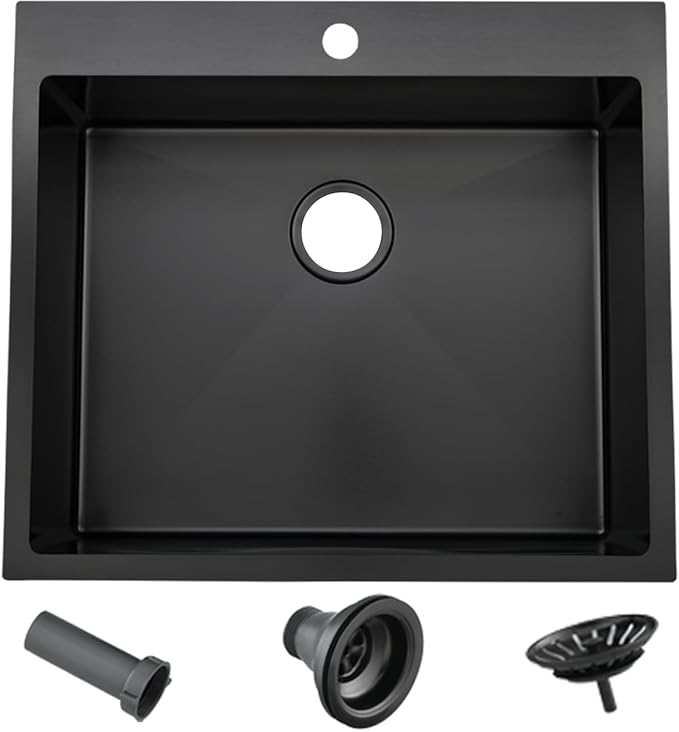 VAPSINT 25x22 Inch Black Drop In Kitchen Sink, 25 x 22 Inch Top Mount 16 Gauge Stainless Steel Single Bowl Deep Small Kitchen Sink, RV Laundry Utility Sinks with Basket Strainer