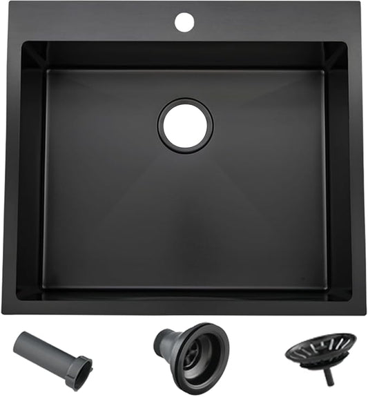 VAPSINT 25x22 Inch Black Drop In Kitchen Sink, 25 x 22 Inch Top Mount 16 Gauge Stainless Steel Single Bowl Deep Small Kitchen Sink, RV Laundry Utility Sinks with Basket Strainer