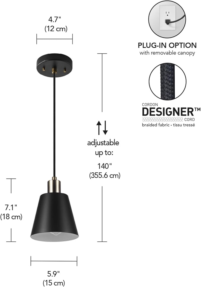 GLOBE Electric 67000153 1-Light Plug-in or Hardwire Pendant Light Fixture, Matte Black, Brass Accents, Living Room Pendant Light, Dining Room Fixture, Hanging Lamp, Hanging Lights for Bedroom
