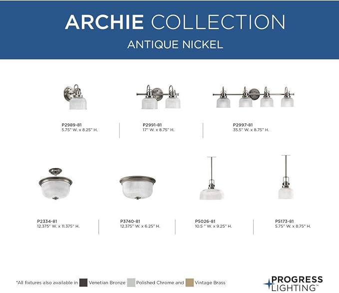 Progress Lighting P5173-81 Archie-One Light Pendant, Antique Nickel Finish with Prismatic Glass