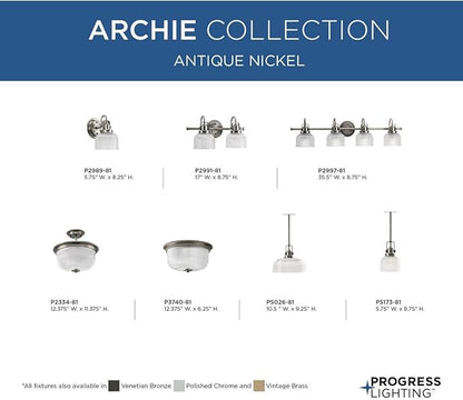 Progress Lighting P5173-81 Archie-One Light Pendant, Antique Nickel Finish with Prismatic Glass
