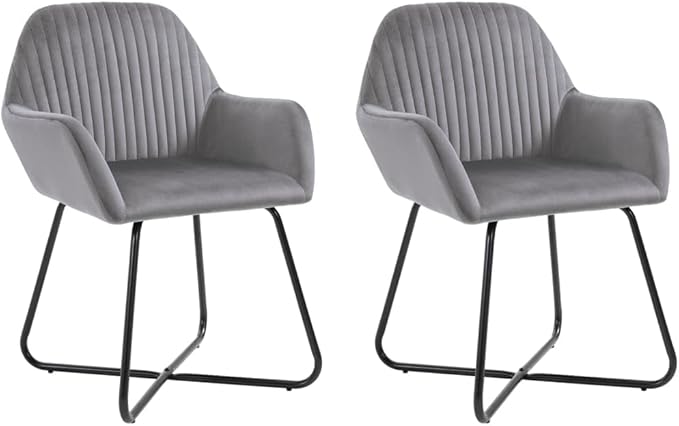 Set of 2 Gray Velvet Dining Chairs Modern Accent Chairs with Plush Cushions and Ergonomic Support Powder-Coated Steel Frame Indoor Use for Kitchen Living Room