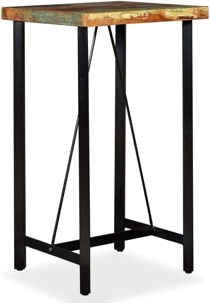 Multicolored Reclaimed Wood Bar Table, Square Black Steel Legs, 23.6x23.6x42.1 inch, Modern Farmhouse Dining Table for Kitchen, Home Bar