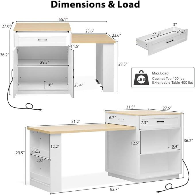 JIJIWANG 82.7 inch Kitchen Island with Extendable Dining Table for 4-6 Person,Two-Tone Kitchen Table with Double-Sized Storage, Power Outlet, with Storage 2 Drawers 2 Side Open Shelves,White