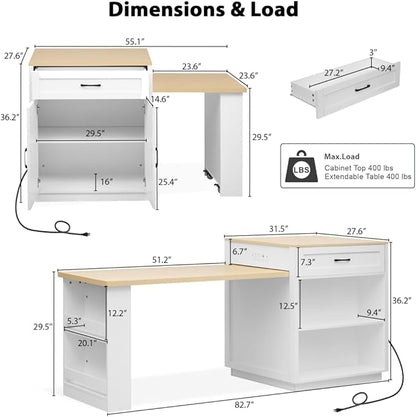 JIJIWANG 82.7 inch Kitchen Island with Extendable Dining Table for 4-6 Person,Two-Tone Kitchen Table with Double-Sized Storage, Power Outlet, with Storage 2 Drawers 2 Side Open Shelves,White