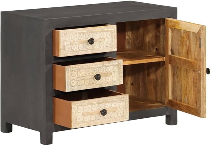Modern Grey and White Sideboard, Solid Mango Wood, 29.5" Rectangular Buffet Cabinet with Soft-Close Drawers, Ample Storage for Dining Room, Living Room Furniture Kitchen Furnitur