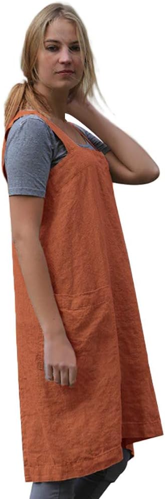 Larmliss Women's Pinafore Square Apron Baking Cooking Gardening Works Cross Back Cotton/Linen Blend Dress with 2 Pockets