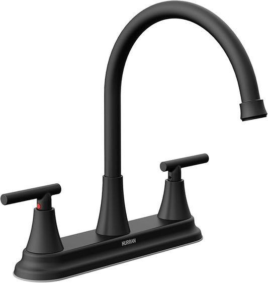 HURRAN 2 Handle Kitchen Sink Faucet, 8 Inch High Arc 360°Swivel Kitchen Sink Faucet, 3 Hole Kitchen Faucet Without Side Sprayer, Centerset RV Kitchen Faucet with Stainless Steel Pipe, Black