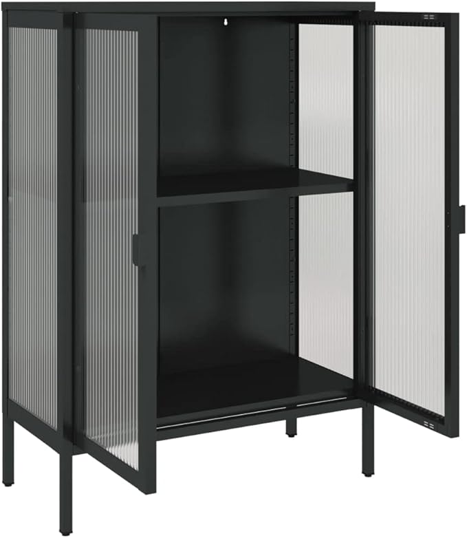 Black Powder-Coated Steel Sideboard, Fluted Glass Accent Cabinet for Living Room, 2-Door Storage with Adjustable Shelves, 13.8x29.5x41.3 inch Kitchen Furniture