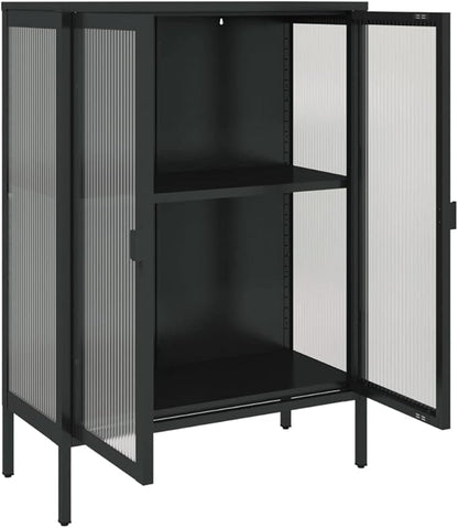 Black Powder-Coated Steel Sideboard, Fluted Glass Accent Cabinet for Living Room, 2-Door Storage with Adjustable Shelves, 13.8x29.5x41.3 inch Kitchen Furniture
