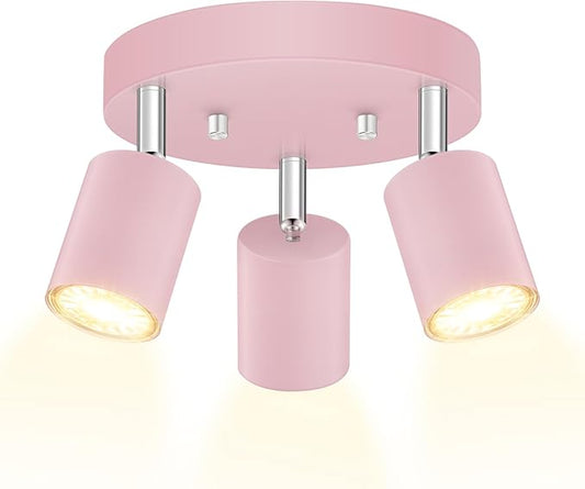 BoostArea LED 3 Light Track Lighting Kit, LED Track Lighting Fixtures, Pink Round Ceiling Spot Lighting, Flexibly Rotatable Light Head for Kitchen, Living Room, Bedroom, GU10 Bulb Not Included