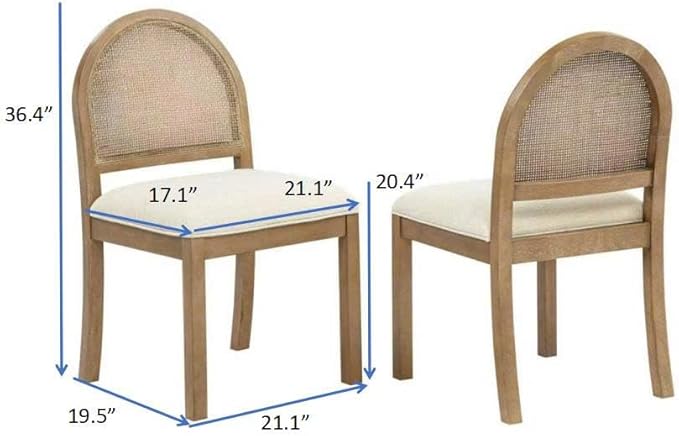 Daxon 36" High Dining Chairs French Country Brown Rattan Cane Back Beige Padded Fabric Seat Brown Solid Wood Frame Kitchen Island Dining Furniture Stationary Side Chair, Set of 2 - Beige/Brown
