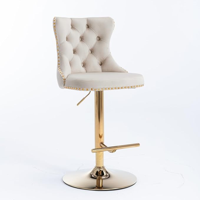 Furniture,Golden Swivel Velvet Adjusatble Seat Height from 25 33 Inch,Modern Upholstered Bar Stools with Backs Comfortable Tufted for Home Pub and Kitchen Island,Beige,Set of 2