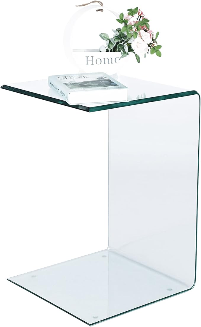 Tempered Glass End Table, Sofa Side Table Clear C-Shape Design for Living Room, Versatile Nightstand with Smooth Edges (C-Shape end Table)