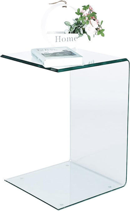 Tempered Glass End Table, Sofa Side Table Clear C-Shape Design for Living Room, Versatile Nightstand with Smooth Edges (C-Shape end Table)