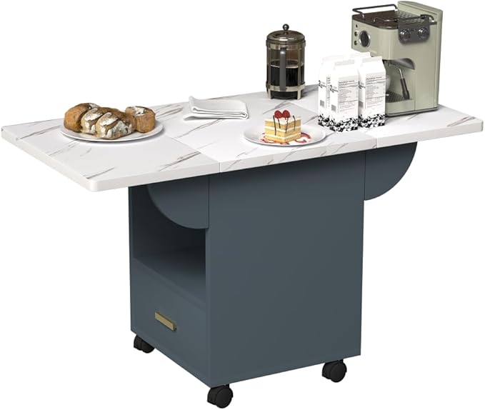 Versatile Marble-Look Folding Dining Table with Wheels, Storage Drawers & Expandable Design - Multi-Functional Kitchen Island,Computer Desk & Hallway Console - Space-Saving Furniture for Small Spaces