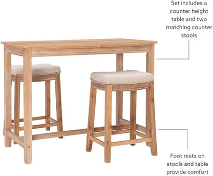 Linon Claridge Three Piece Counter Dining Set Padded Seats in Natural Brown Wood