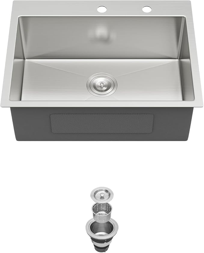 Kichae 24 Drop In Kitchen Sink - Stainless Steel Sinks 24 x 18 Inch Topmount Overmount Single Bowl Handmade Basin with Accessories