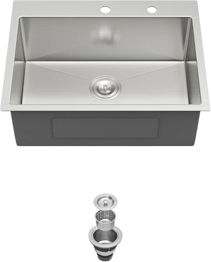 Kichae 24 Drop In Kitchen Sink - Stainless Steel Sinks 24 x 18 Inch Topmount Overmount Single Bowl Handmade Basin with Accessories