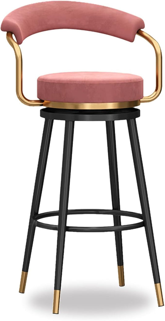 Swivel stools 1PC, Velvet Upholstered Stools with Hollow Back, Metal Chair Legs & Footrest for Kitchen Island Dining Room Pub Home, Seat Height 65cm, Black (Pink Seat Height 65cm)